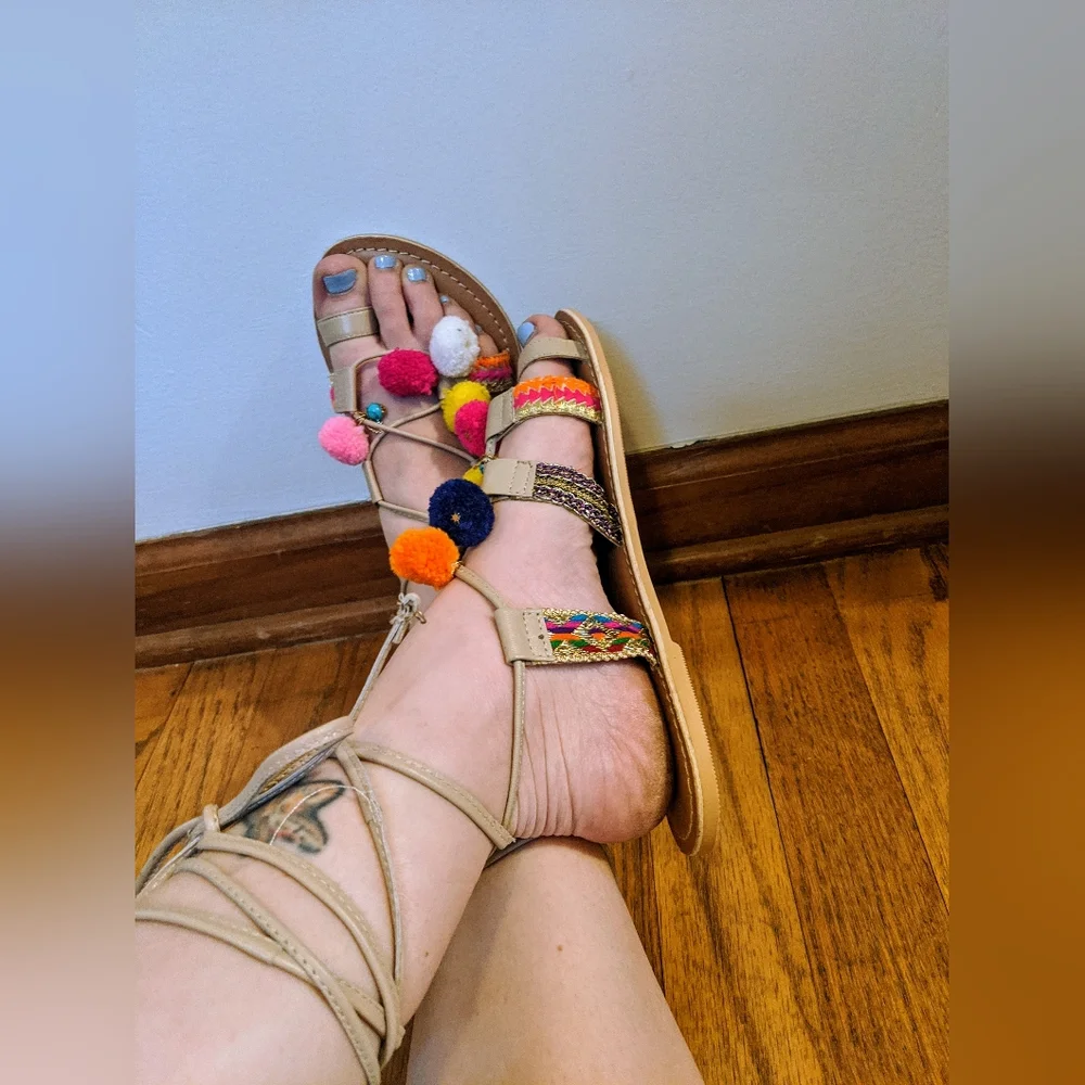 Asos Boho Pom Pom Colorful Tie Up Flat Sandals Size 7 Fesrival